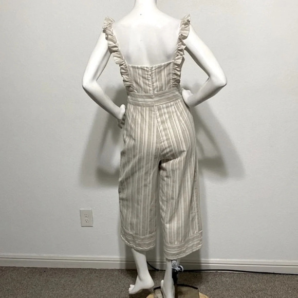 Lulus Emilia Rae White and Beige Striped Ruffle Culotte Linen Blend Jumpsuit S - Picture 5 of 9